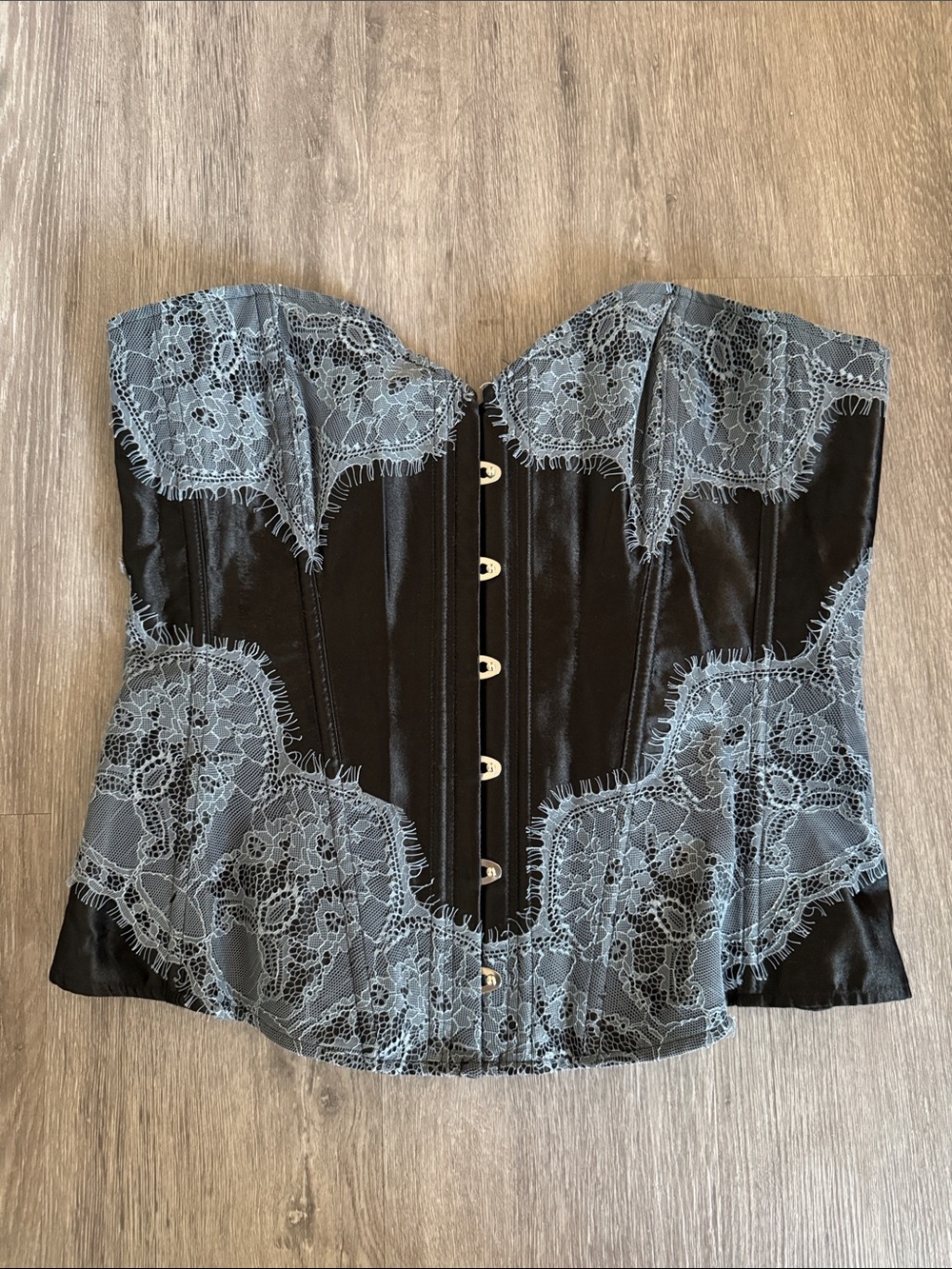 Adore Me Black Satin Bustier Top with Light Blue Lace Overlay